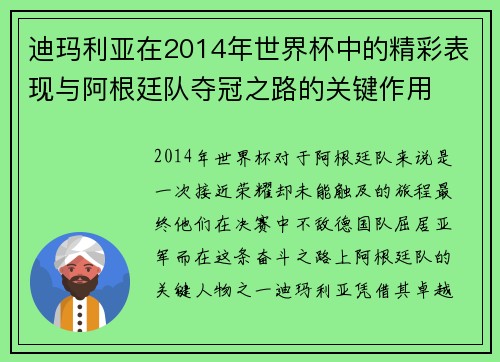 迪玛利亚在2014年世界杯中的精彩表现与阿根廷队夺冠之路的关键作用